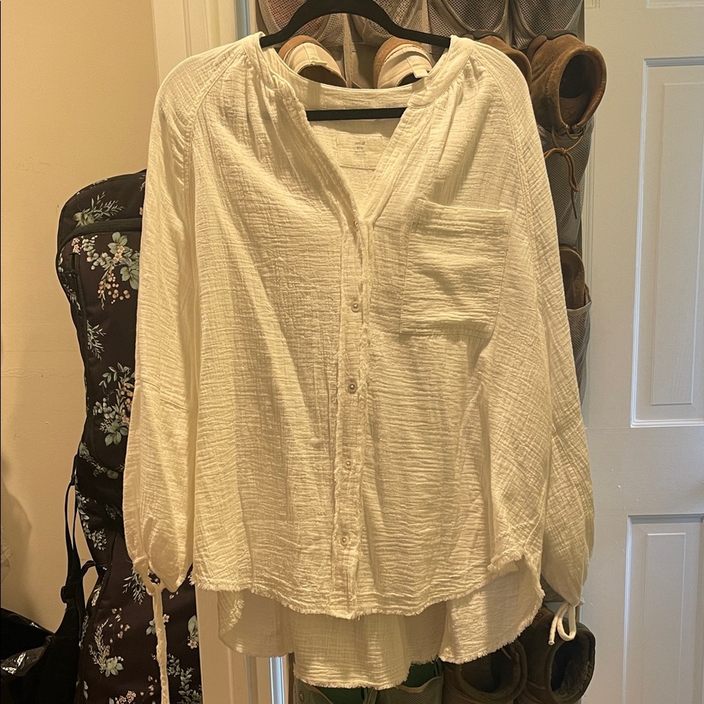 AERIE White gauze oversized button -Up Top